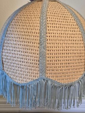 Vintage L'Essor Parisian Cane /Wicker Bell Shaped Light Shade With Blue Fringe